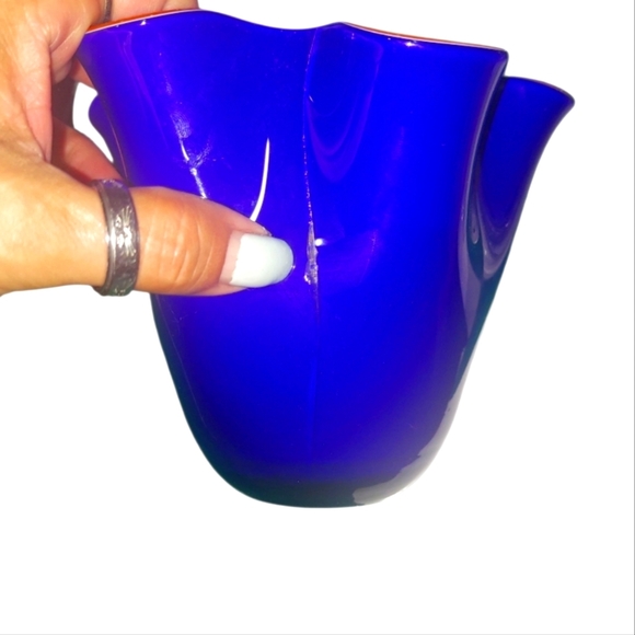 Gorgeous Handblown Art Glass Cobalt Blue And Orange Glass Hankerchief Vase - Picture 4 of 5